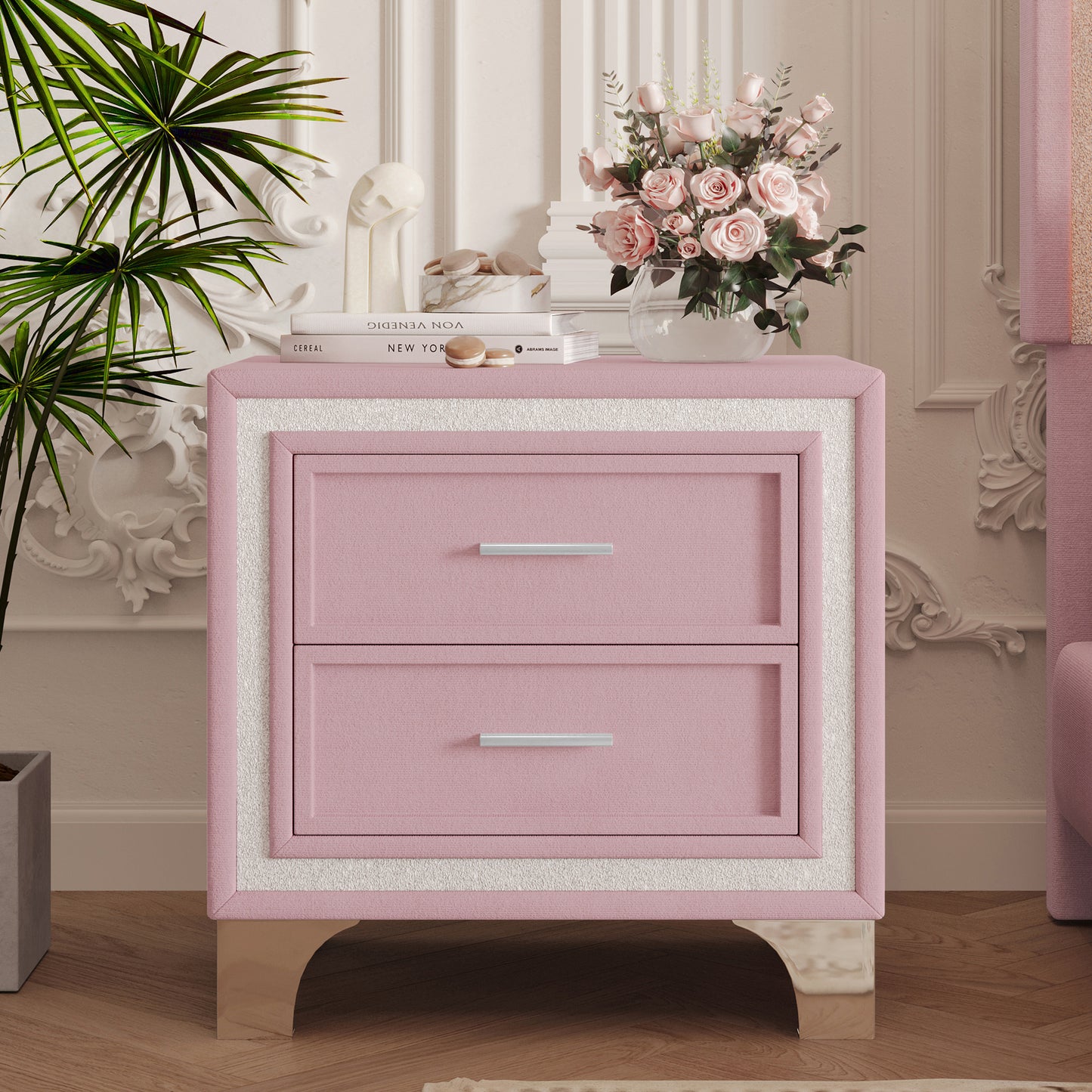Mid Century Vintage Nightstand with Silver Glitter Strip Decor and Metal Legs, Velvet Bedside Table with 2 Drawers, Fully Assembled Except Legs and Handles, Pink SolidRoot Buy Furniture USA
