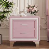 Mid Century Vintage Nightstand with Silver Glitter Strip Decor and Metal Legs, Velvet Bedside Table with 2 Drawers, Fully Assembled Except Legs and Handles, Pink SolidRoot Buy Furniture USA
