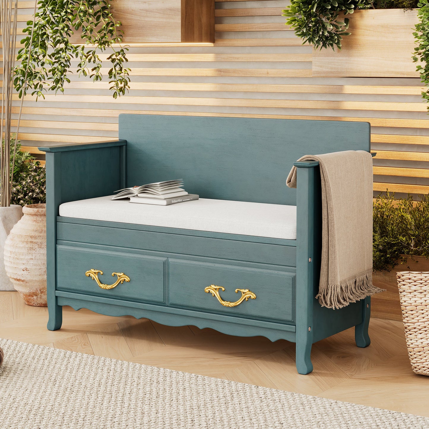 TREXM Shoe Bench with Removable Cushion, Entryway Bench with Hidden Storage for Entrance and Living Room, Shoe Storage Bench with Back (Antique Turquoise) SolidRoot Buy Furniture USA