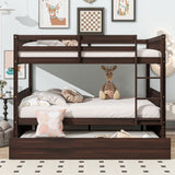 Full Over Full Rubber Wood Bunk Bed with Trundle, Ladder and Guardrails, Convertible to 2 Full Size Beds, with Twin Size Trundle ,Espresso SolidRoot Buy Furniture USA