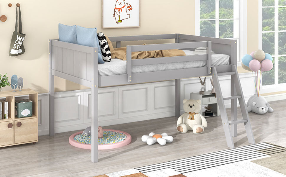 Twin Size Wood Low Loft Bed with Ladder, ladder can be placed on the left or right, Gray - SolidRoot Buy Furniture USA