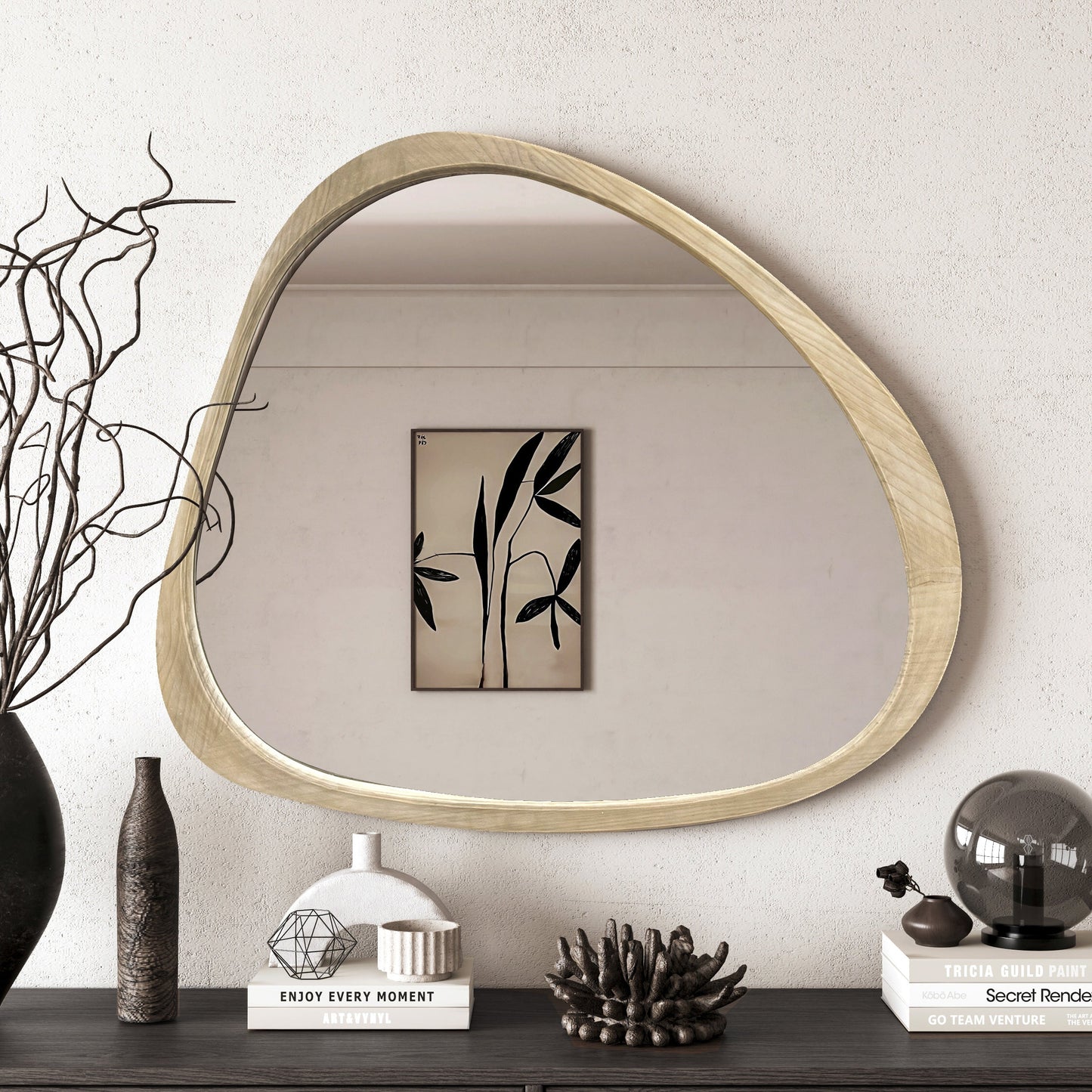 Solid Wood Mirror 45 Inch Asymmetrical Wall Mirror Wooden Framed Mirror Large Sized Dressing Mirror, for Living Room, Bedroom, Bathroom, Hallway or Entry Way, Natural Wood Washed SolidRoot Buy Furniture USA