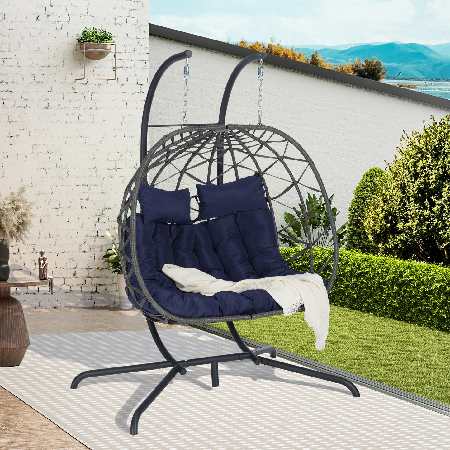 Double Egg Chair with Stand Hanging Indoor Outdoor Wicker Rattan Patio Basket Egg Swing Chair Hammock Egg Chairs with UV Resistant Cushions 600 lbs for Bedroom Balcony Patio SolidRoot Buy Furniture USA