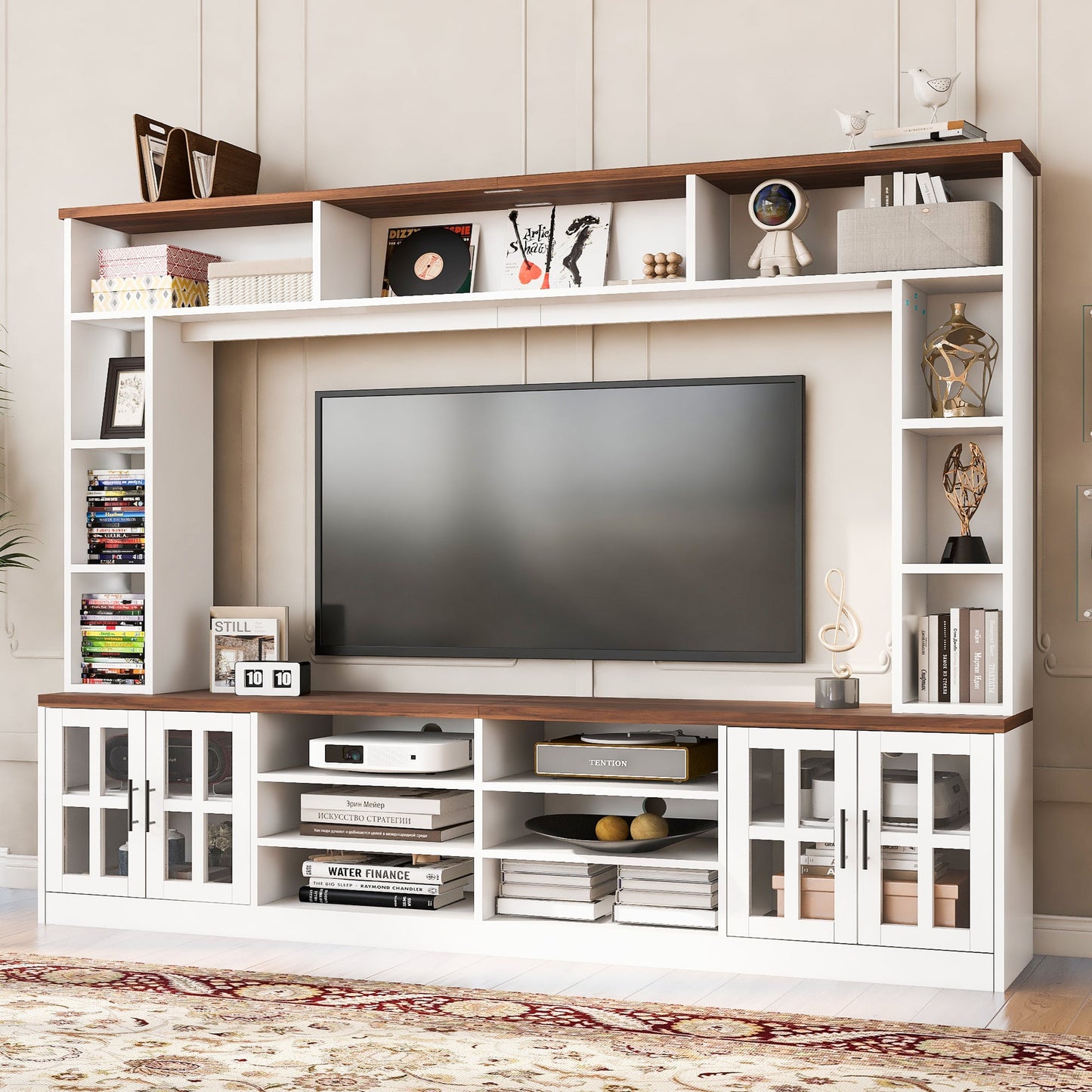 U-Can 95.5' W Wall Unit Entertainment Center with Bookshelves for TVs up to 80', Modern TV Stand Media Console with Cabinets, Tempered Glass Doors and Adjustable Shelves for Living Room SolidRoot Buy Furniture USA