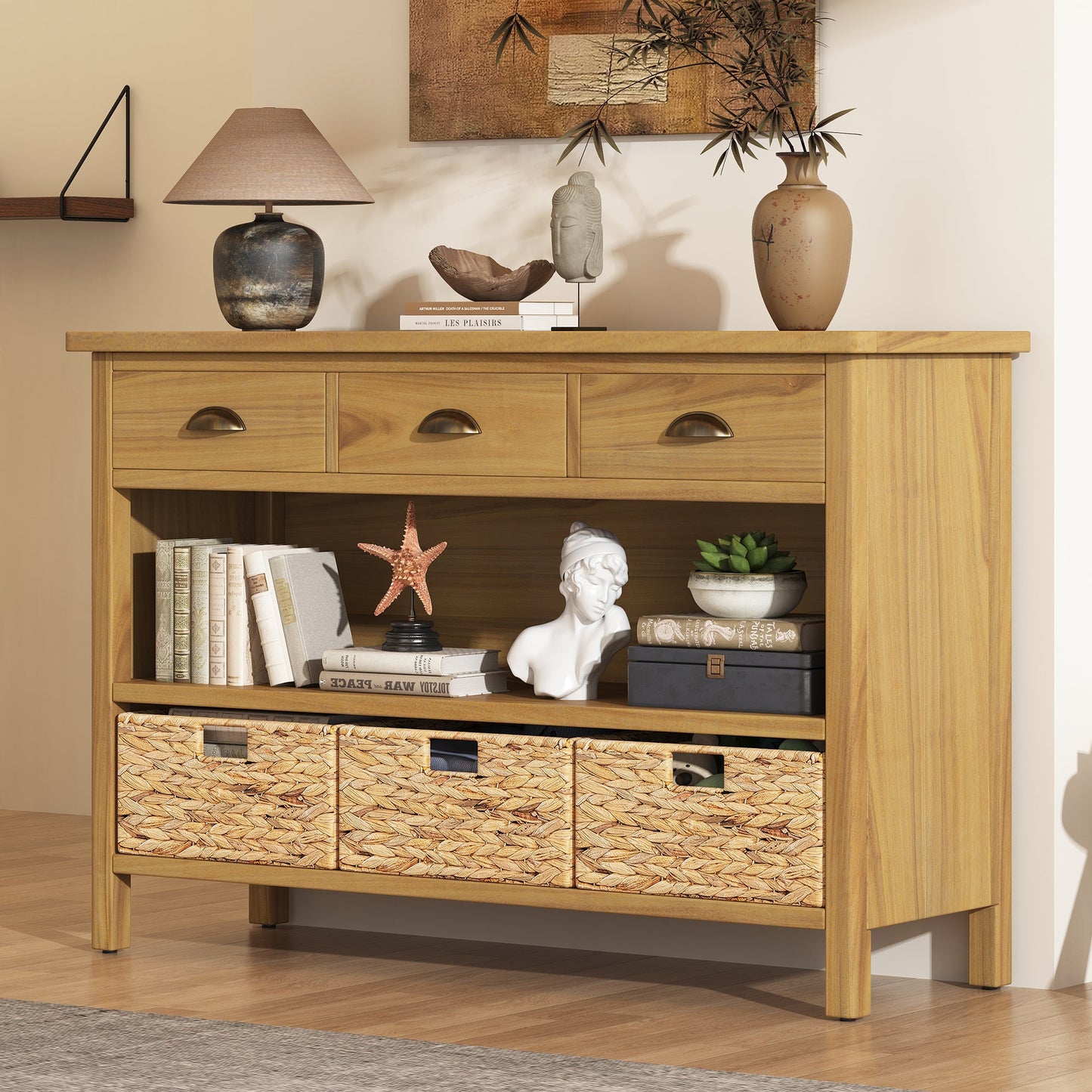 TREXM Retro Console Table with 3 Storage Drawers, Entryway Table with 3 Water Hyacinth Woven Baskets,Wooden Accent Sofa Table Buffet Cabinet for Entryway, Hallway and Living Room (Natural) SolidRoot Buy Furniture USA