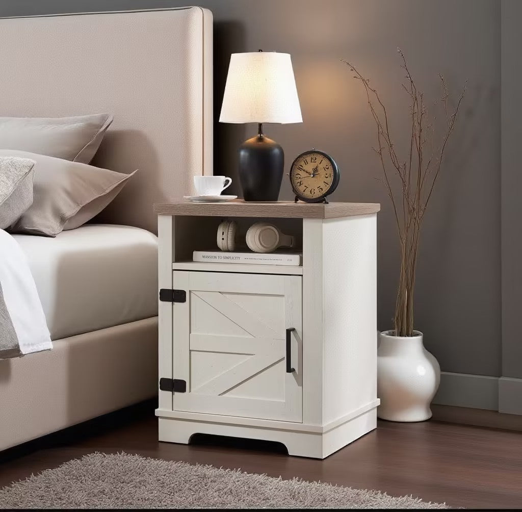 Farmhouse Nightstand , Beside Table with Barn Door, Modern End Side Table with Storage for Bedroom, Office SolidRoot Buy Furniture USA