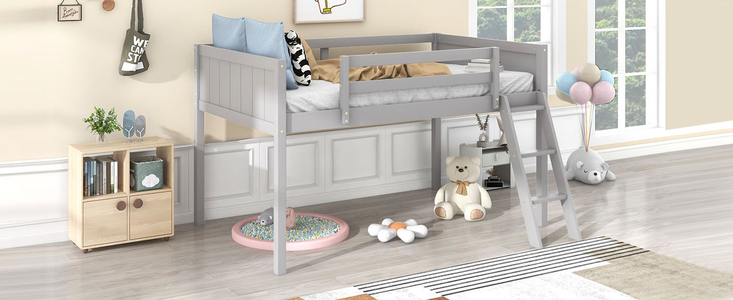 Twin Size Wood Low Loft Bed with Ladder, ladder can be placed on the left or right, Gray - SolidRoot Buy Furniture USA