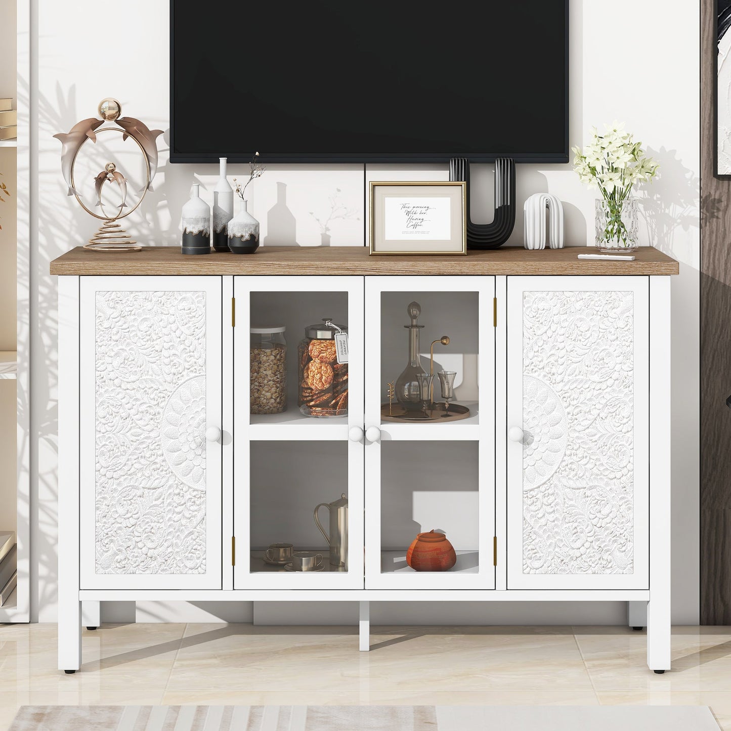 U-Can 47.2'' Retro TV Stand for TVs up to 43 Inches, Entertainment Center Media Console Cabinet with 3 Spacious Cabinets, Glass Cabinet Doors and Anti-tip Device for Living room SolidRoot Buy Furniture USA