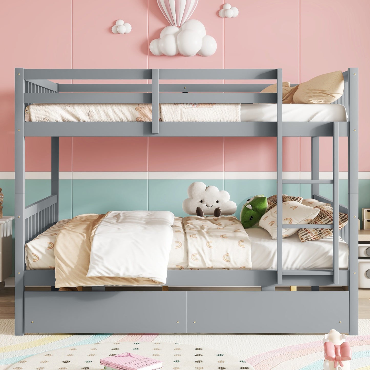 full Over full Rubber Wood Bunk Bed with 2 Drawers, Convertible into 2 full Beds, full Size Bunk Bed with Ladder and Safety Guardrails ,Grey SolidRoot Buy Furniture USA