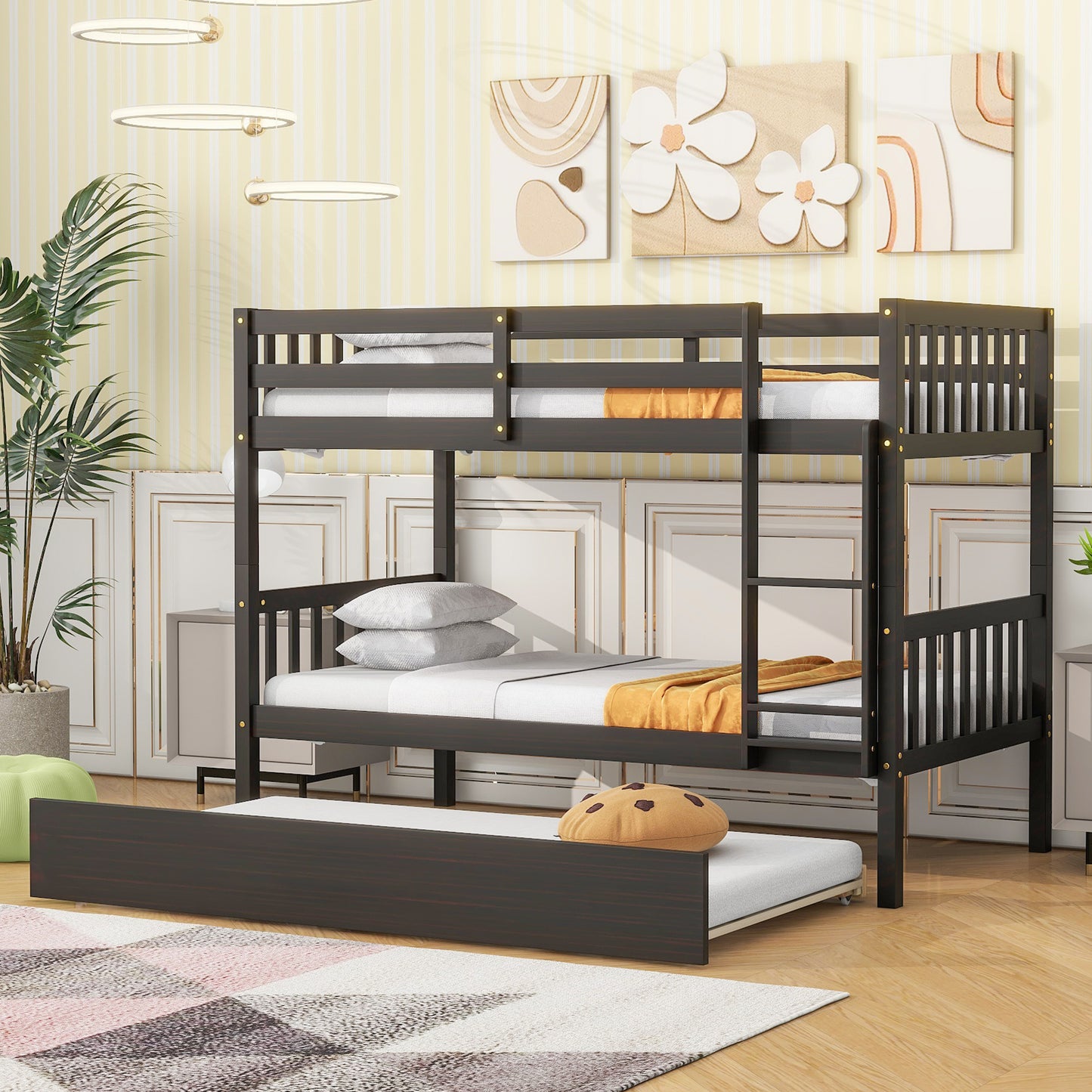 Twin Over Twin Rubber Wood Bunk Bed with Trundle, Convertible into Twin Size Beds, Twin Size Bunk Bed with Ladder and Safety Guardrails,Espresso SolidRoot Buy Furniture USA