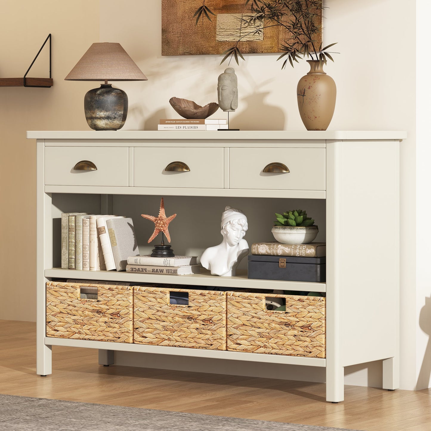 TREXM Retro Console Table with 3 Storage Drawers, Entryway Table with 3 Water Hyacinth Woven Baskets,Wooden Accent Sofa Table Buffet Cabinet for Entryway, Hallway and Living Room (Antique White) SolidRoot Buy Furniture USA
