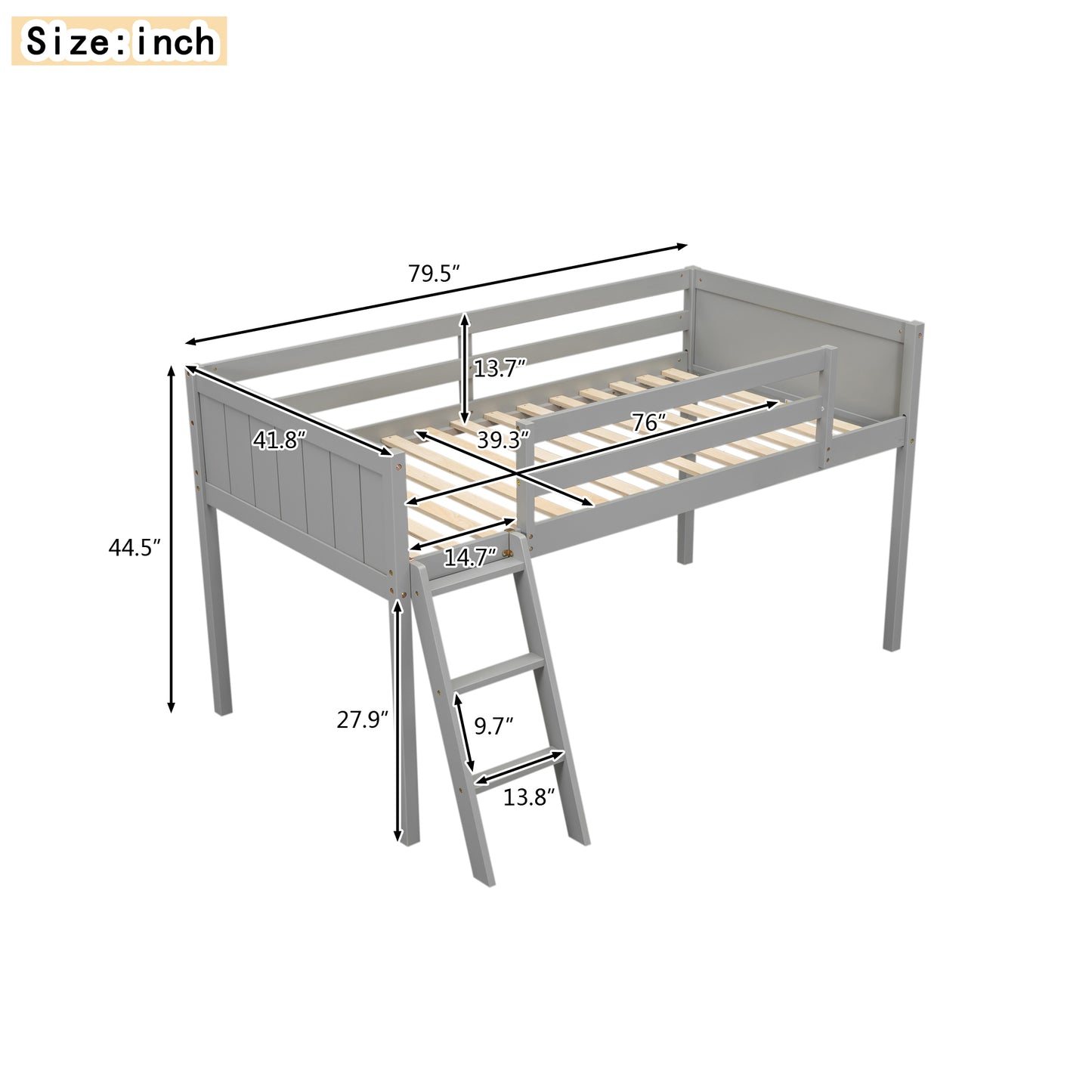 Twin Size Wood Low Loft Bed with Ladder, ladder can be placed on the left or right, Gray - SolidRoot Buy Furniture USA