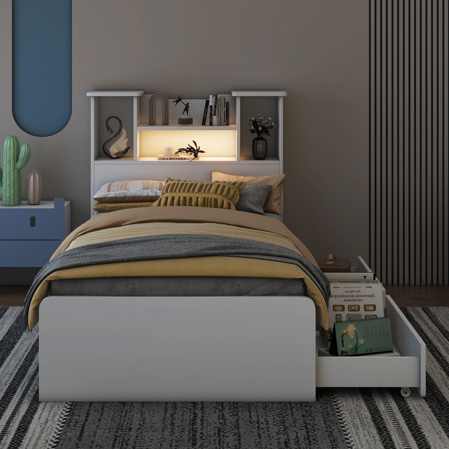 Twin Size Storage Platform Bed Frame with 4 Open Storage Shelves and 2 Storage Drawers,LED Light,White - SolidRoot Buy Furniture USA