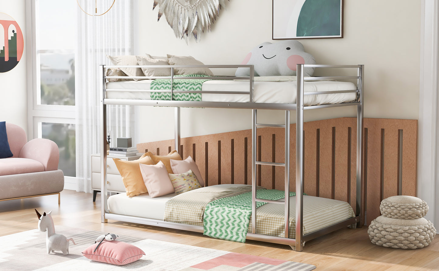 Twin over Twin Metal Bunk Bed, Low Bunk Bed with Ladder,Silver(OLD SKU:WF282465AAN) - SolidRoot Buy Furniture USA