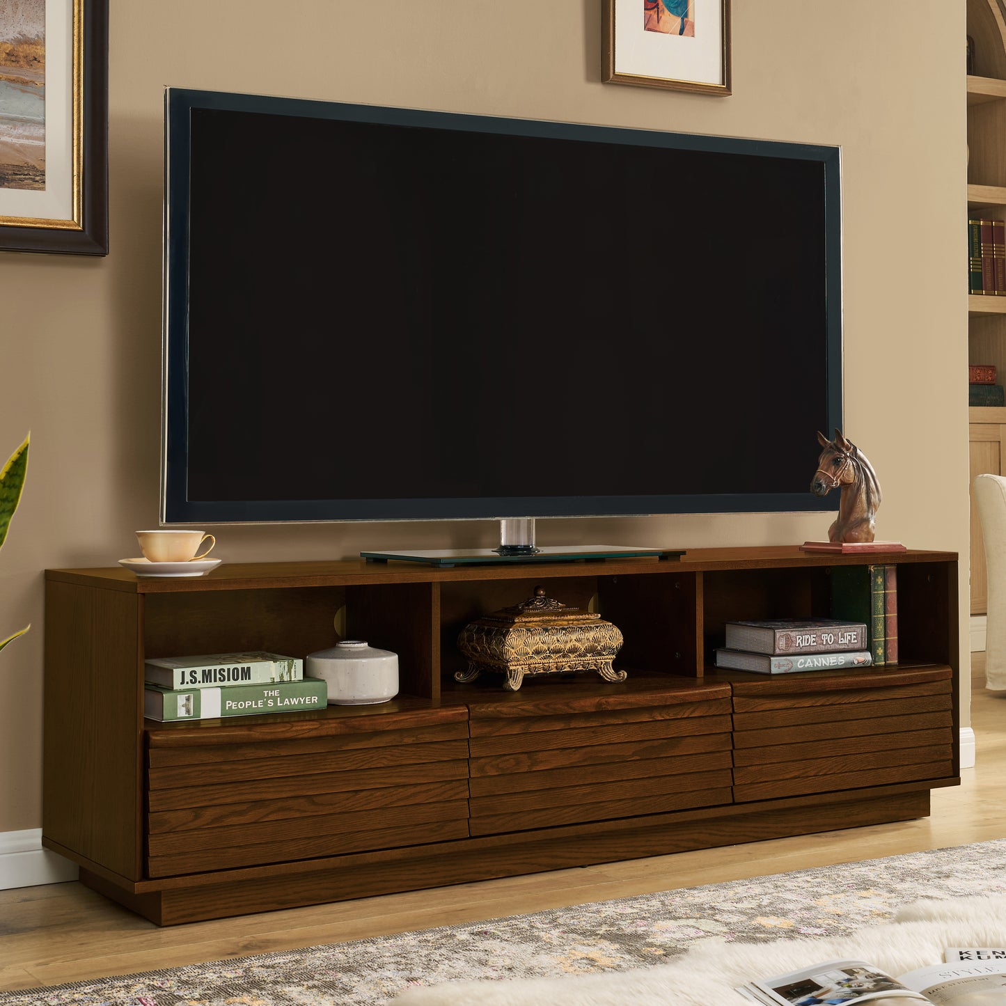 63' Mid-Century Modern TV Stand for TVs up to 75', Thick Sturdy Farmhouse Entertainment Cabinet, Media Console for Living Room, Louver Design & Solid Wood Drawers & Outlet Holes, Walnut SolidRoot Buy Furniture USA