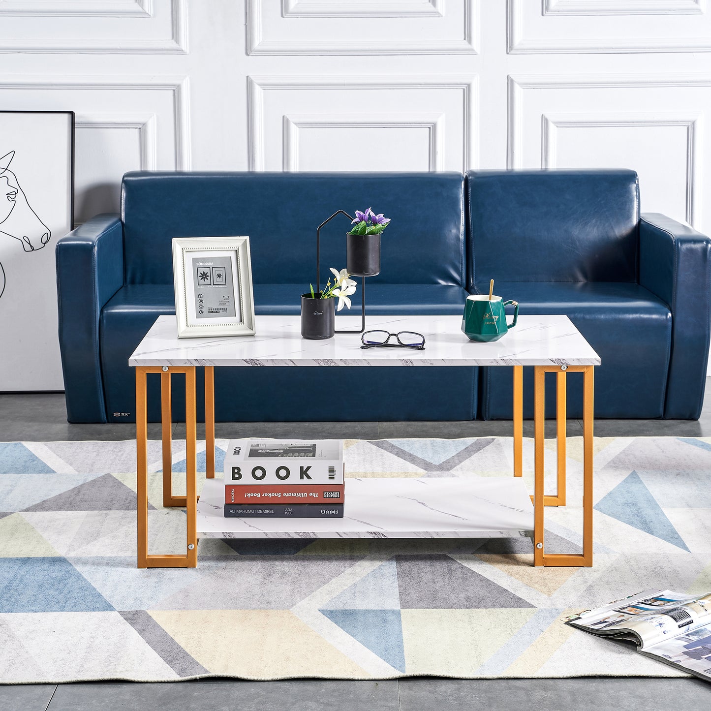 D&N Coffee Table, 2 Layers 1.5cm Thick Marble MDF Rectangle 39.37' L Tabletop Iron Coffee Table , Dining Room, Coffee Shop, Resterant, White Top, Gold Leg SolidRoot Buy Furniture USA