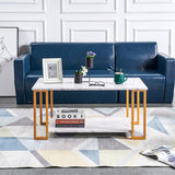 D&N Coffee Table, 2 Layers 1.5cm Thick Marble MDF Rectangle 39.37' L Tabletop Iron Coffee Table , Dining Room, Coffee Shop, Resterant, White Top, Gold Leg SolidRoot Buy Furniture USA