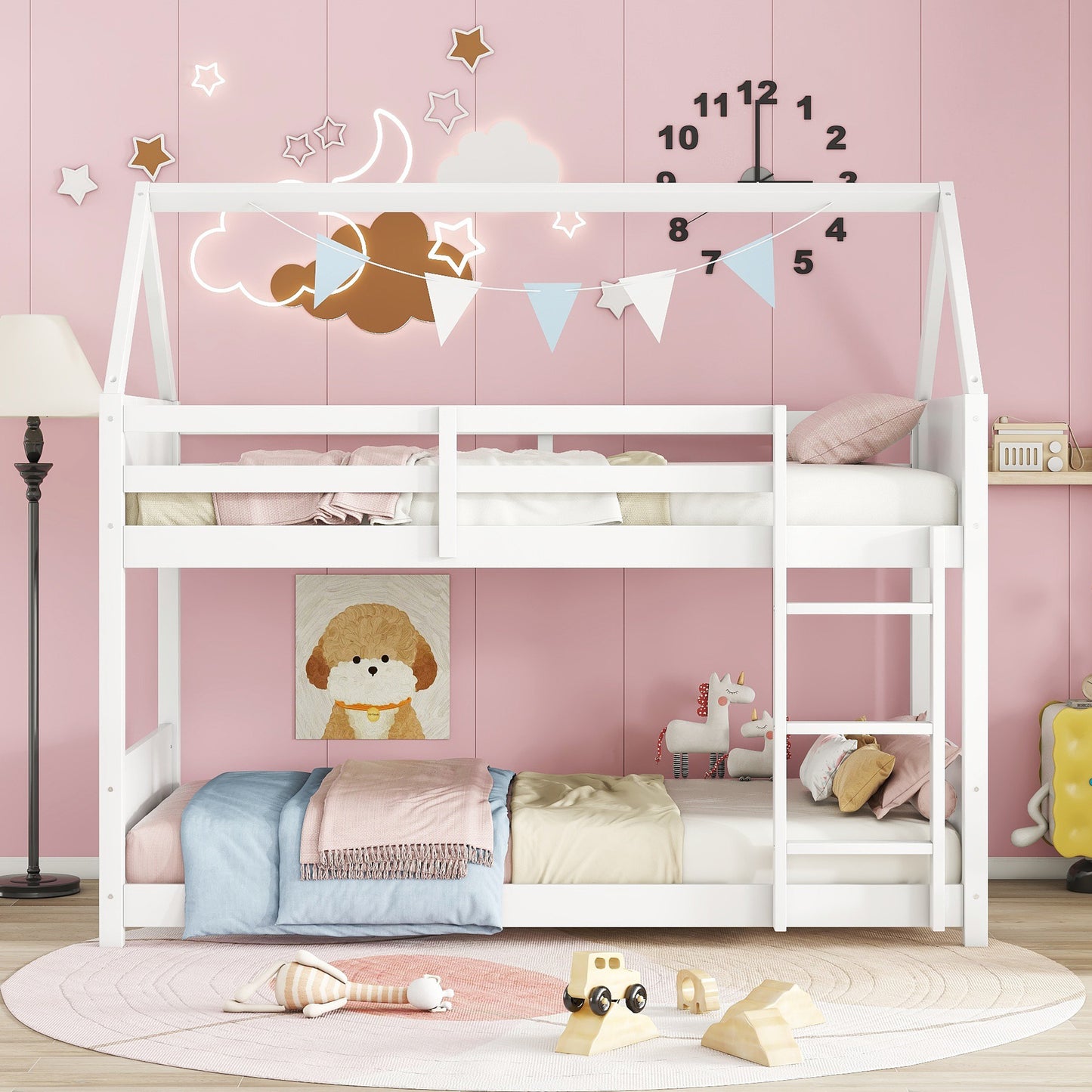 Twin Over Twin House Floor Bunk Bed with Headboards, Footboards and Guardrails, Ladder, Rubber Wood Bunk Bed with Safety Guardrails,White SolidRoot Buy Furniture USA
