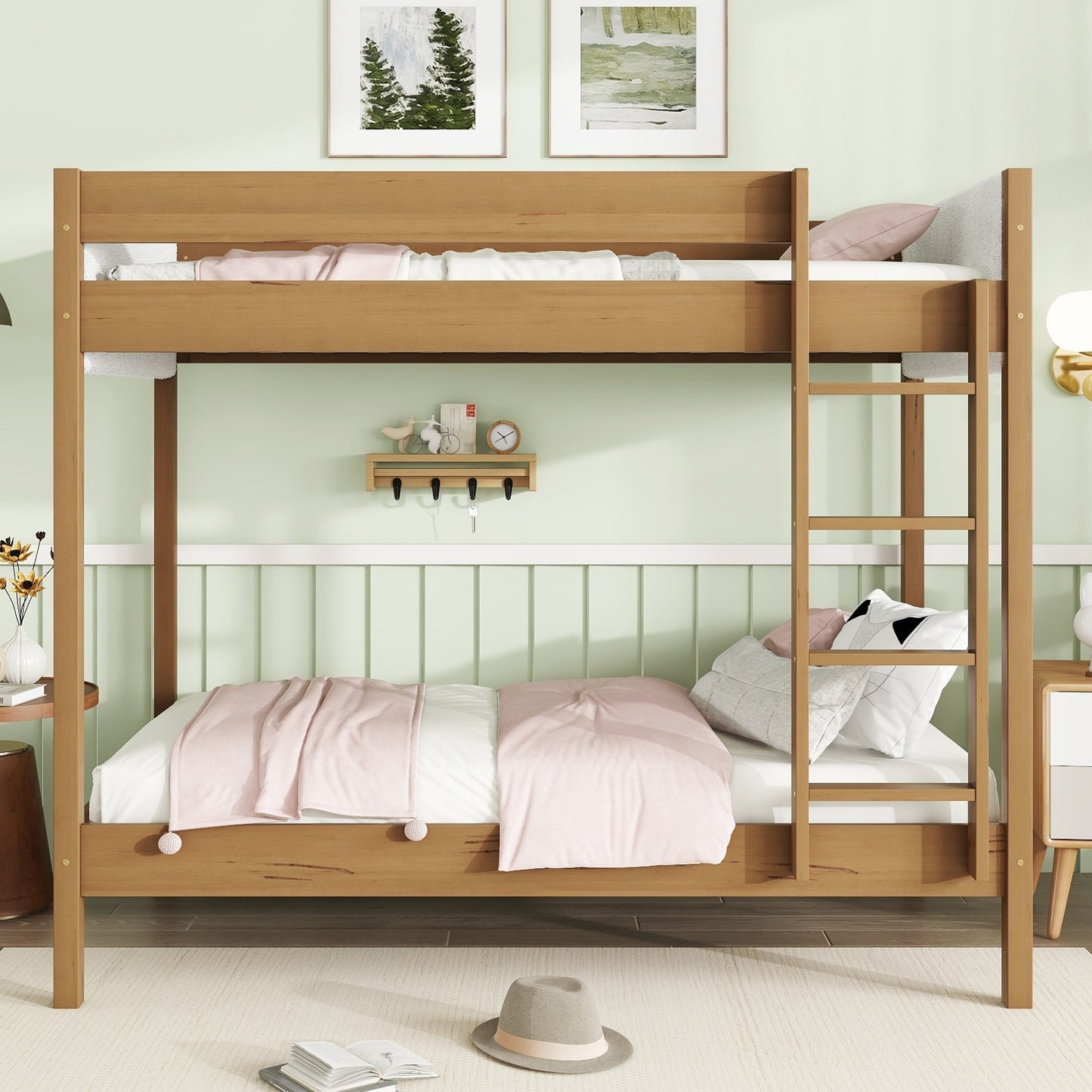 Twin Over Twin Bunk Bed, Upholstered Bunk Bed Frame with Ladder, Safety Guardrails,Rubber Wooden,Teddy Fleece Fabric Headboard/Footboard ,Natural SolidRoot Buy Furniture USA