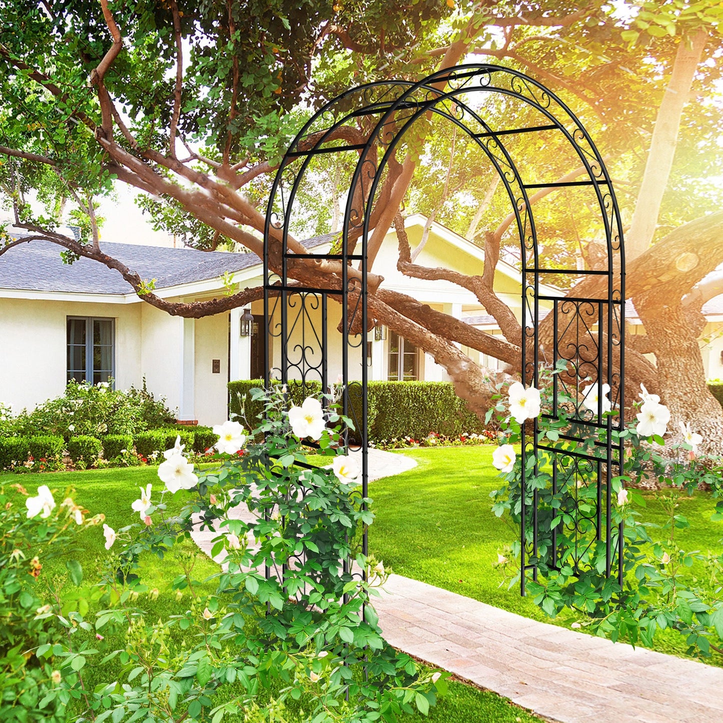 Metal Garden Arch L59'' x W17.71'' x H90.55'' Climbing Plants Support Rose Arch Outdoor Black SolidRoot Buy Furniture USA