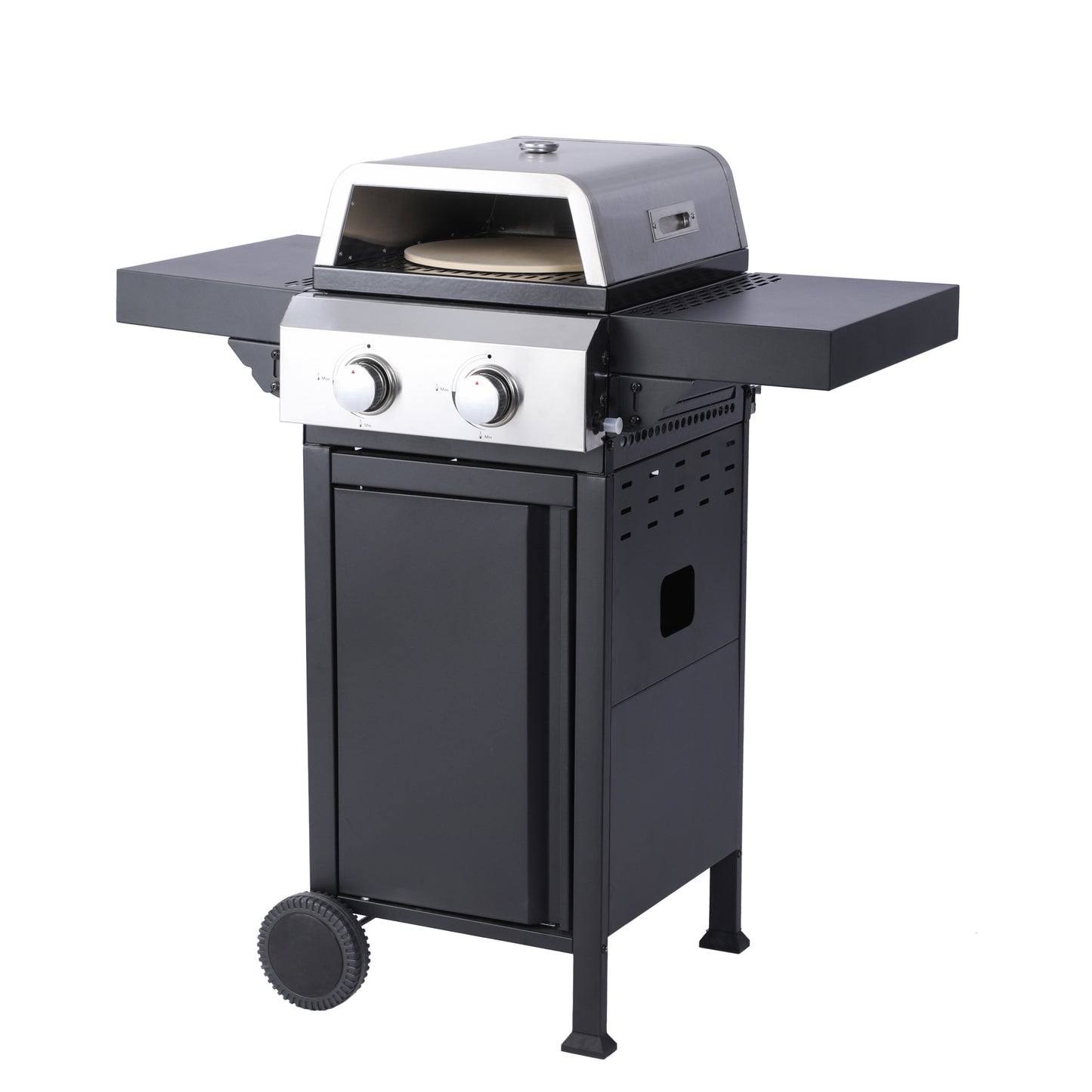 2-Burner Propane Gas BBQ Grill, Pizza Box, 24600BTU Output With Wire Enamel Cooking Grids For Outdoor Barbecue, Foldable Side Table, Hanging Basket, Stainless Steel SolidRoot Buy Furniture USA