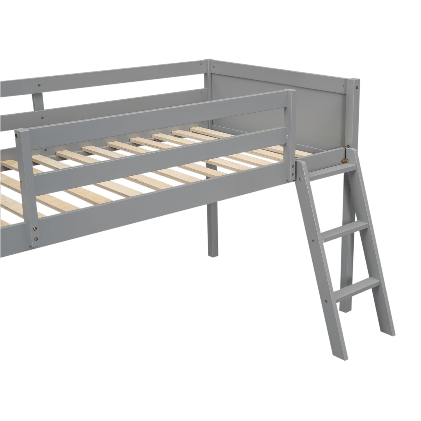 Twin Size Wood Low Loft Bed with Ladder, ladder can be placed on the left or right, Gray - SolidRoot Buy Furniture USA
