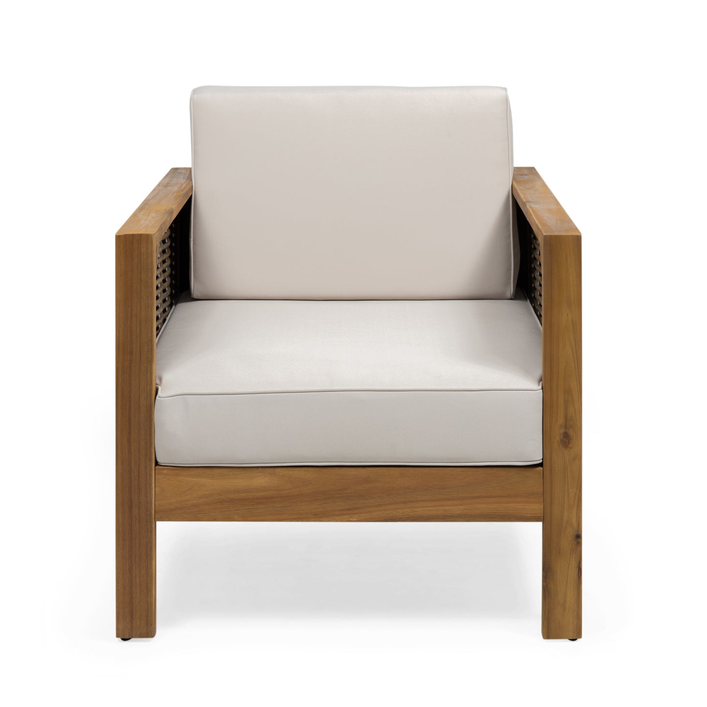 Outdoor Acacia Wood Club Chair with Wicker Accents, Teak Finish + Mixed Brown + Beige, 30.25'D x 27.5'W x 23.75'H SolidRoot Buy Furniture USA
