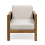 Outdoor Acacia Wood Club Chair with Wicker Accents, Teak Finish + Mixed Brown + Beige, 30.25'D x 27.5'W x 23.75'H SolidRoot Buy Furniture USA