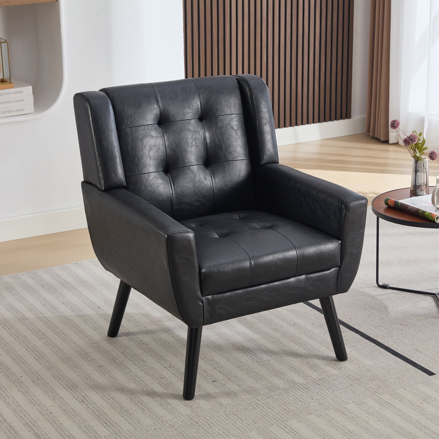 Modern Soft Leather Material Ergonomics Accent Chair Living Room Chair Bedroom Chair Home Chair With Black Legs For Indoor Home-Black PU SolidRoot Buy Furniture USA