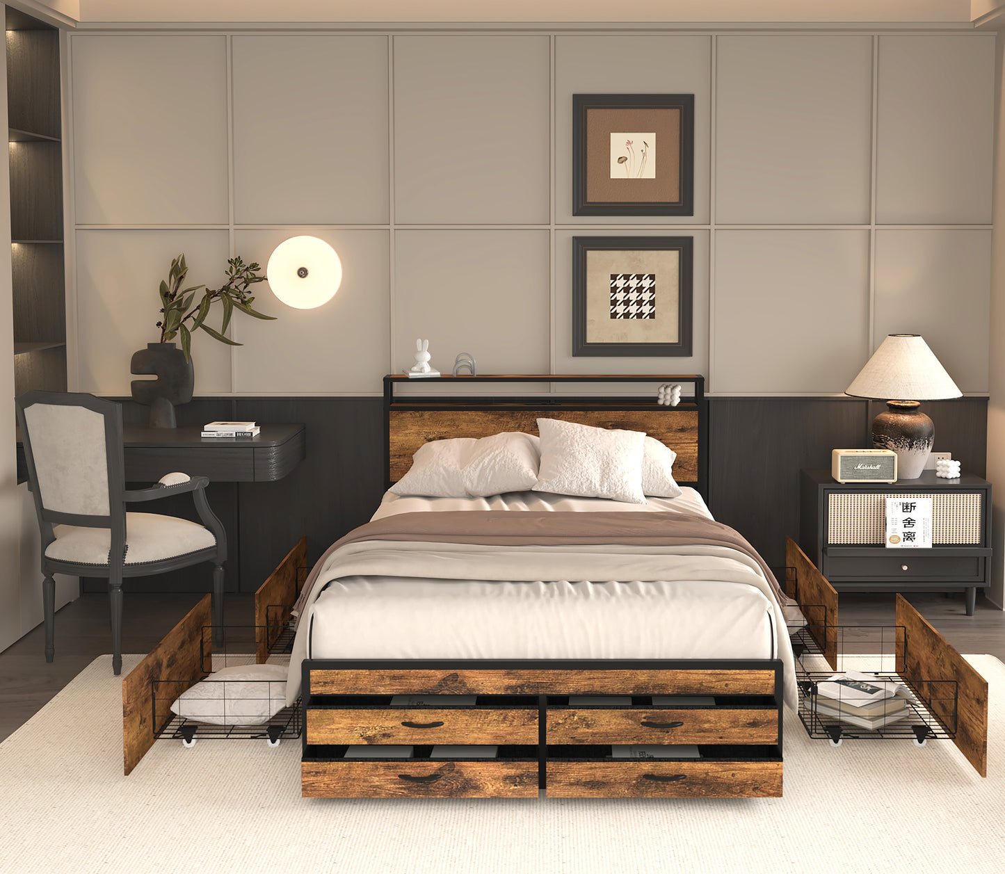 Full Size Bed Frame with 8 Storage Drawers, LED Headboard with Charging Station, Metal Platform Bed Frame, No Box Spring Needed, Noise-Free, Stable and Solid, Brown