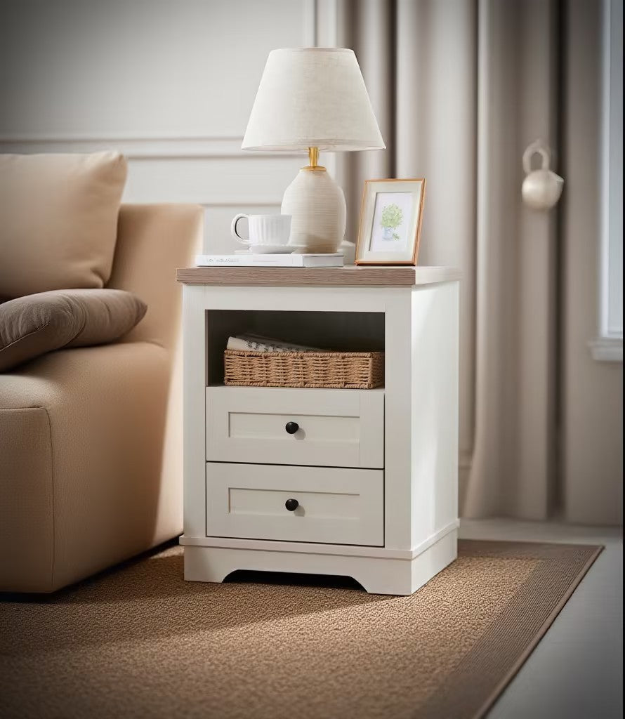 Farmhouse Nightstand , End Table, Side Table with 2 Drawers Storage Cabinet for Bedroom, Living Room, Farmhouse Design, Wood Rustic, Antique White SolidRoot Buy Furniture USA