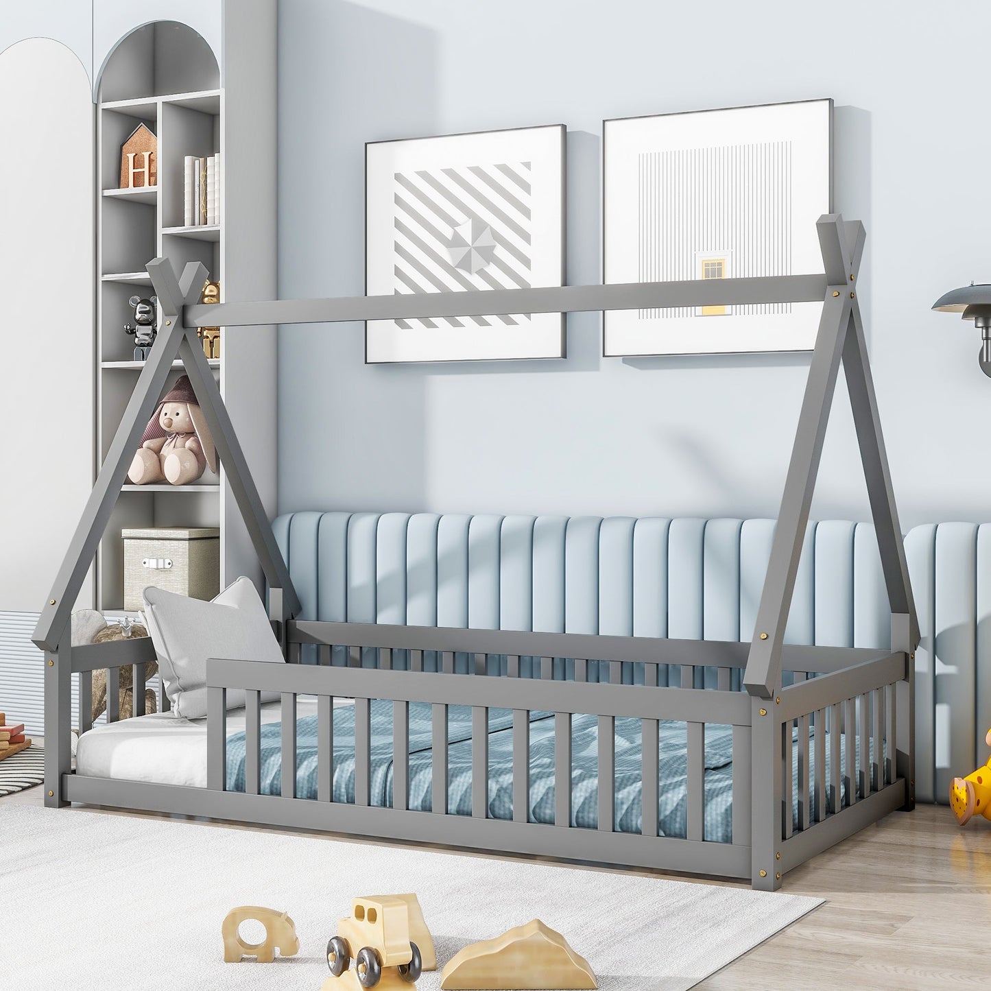 Twin Tent-shaped Floor Bed, Teepee Bed with Guardrails, Slats,Grey SolidRoot Buy Furniture USA