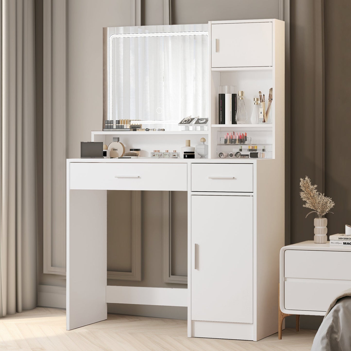 Vanity Desk with Mirror and LED Light Strip,Dressing Table with Large Drawer, 3 Level Storage Dresser & 3 Lighting Modes Adjustable Brightness, Suitable for Bedroom(white) SolidRoot Buy Furniture USA