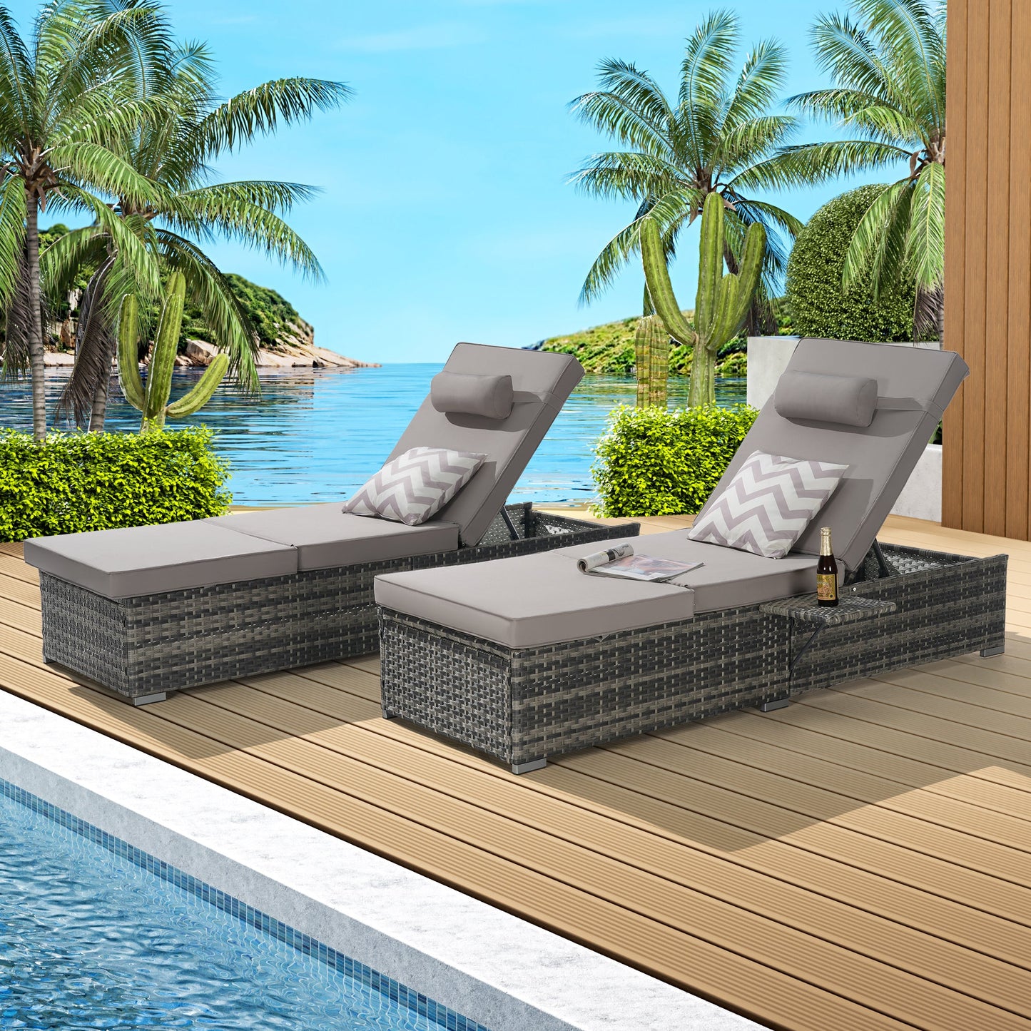 Outdoor Chaise Lounge Chair Set of 2 with Storage Patio Pool Chairs Tanning Lounges for Outside,Beach Rattan Recliners with Adjustable Backrest, Table, Cushion for Poolside Backyard Garden SolidRoot Buy Furniture USA