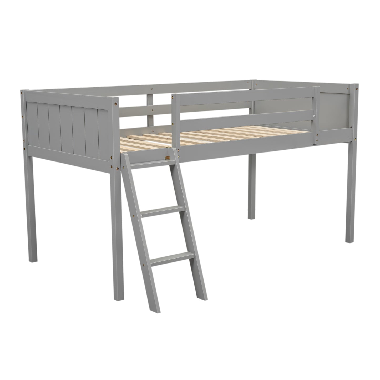 Twin Size Wood Low Loft Bed with Ladder, ladder can be placed on the left or right, Gray - SolidRoot Buy Furniture USA