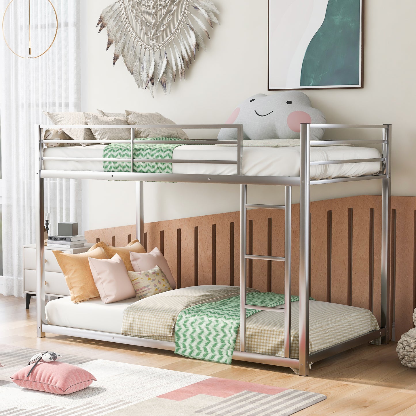 Twin over Twin Metal Bunk Bed, Low Bunk Bed with Ladder,Silver(OLD SKU:WF282465AAN) - SolidRoot Buy Furniture USA
