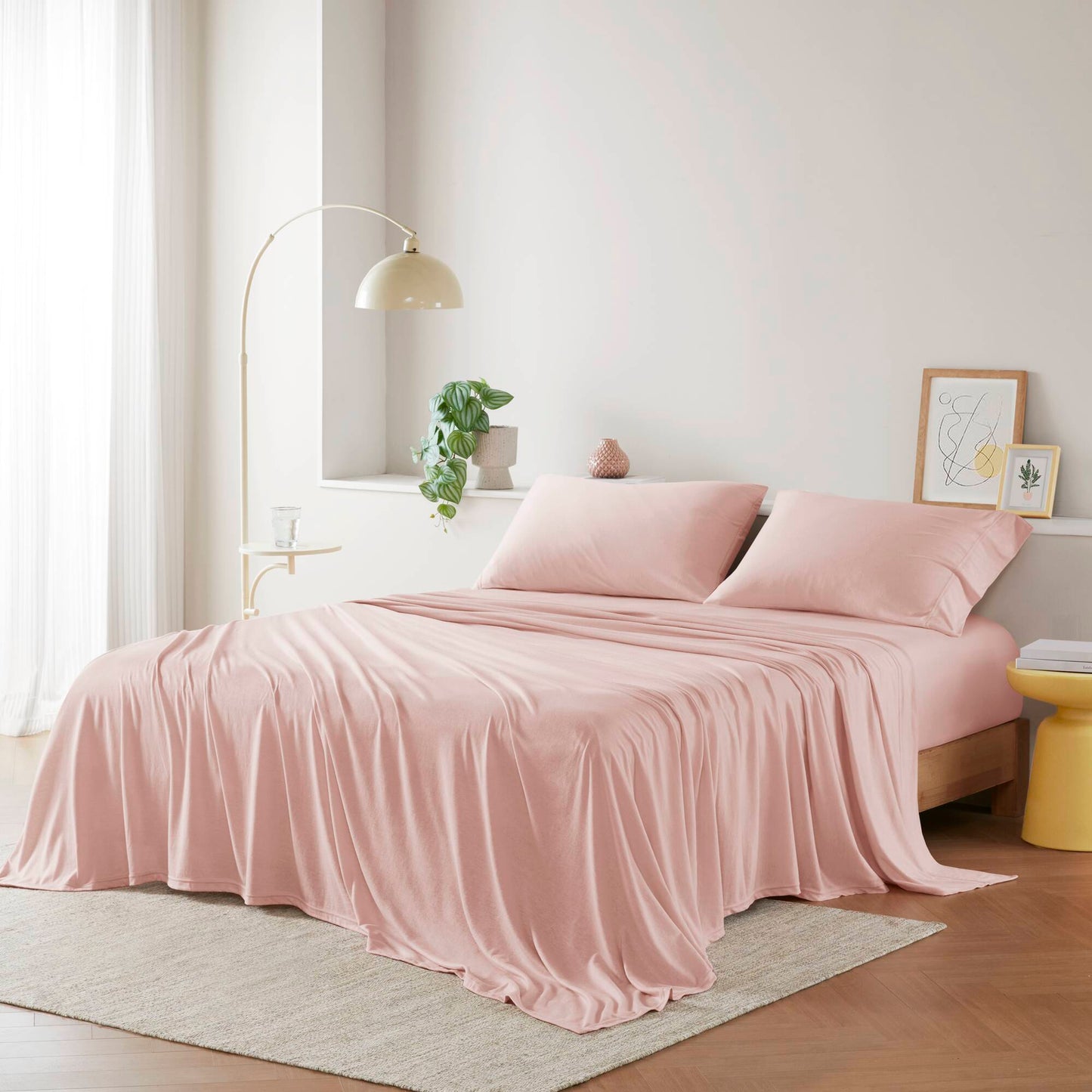 Pink colour Cotton Blend Jersey Knit All Season Sheet Set Queen