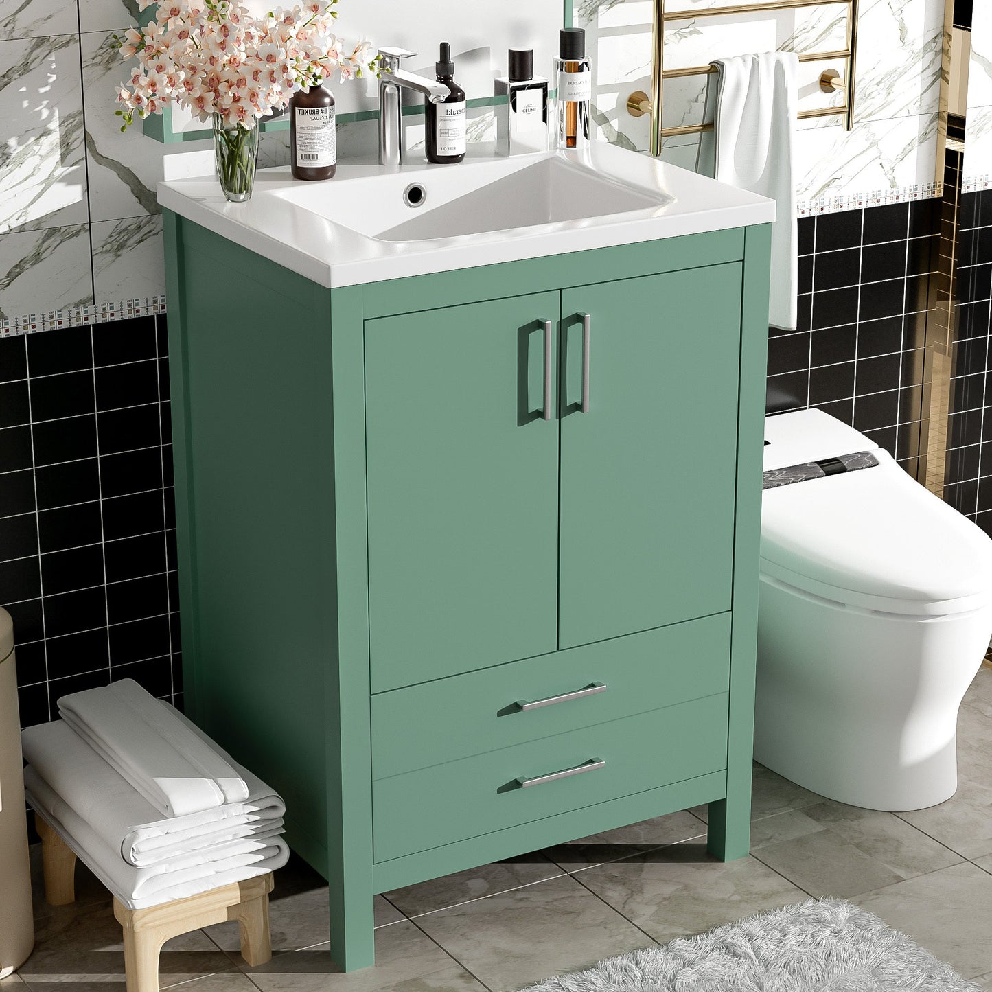 24'' Bathroom Vanity with Ceramic Sink Combo, Modern Freestanding Storae Cabinet with Silver Handles, Soft Closing Doors SolidRoot Buy Furniture USA