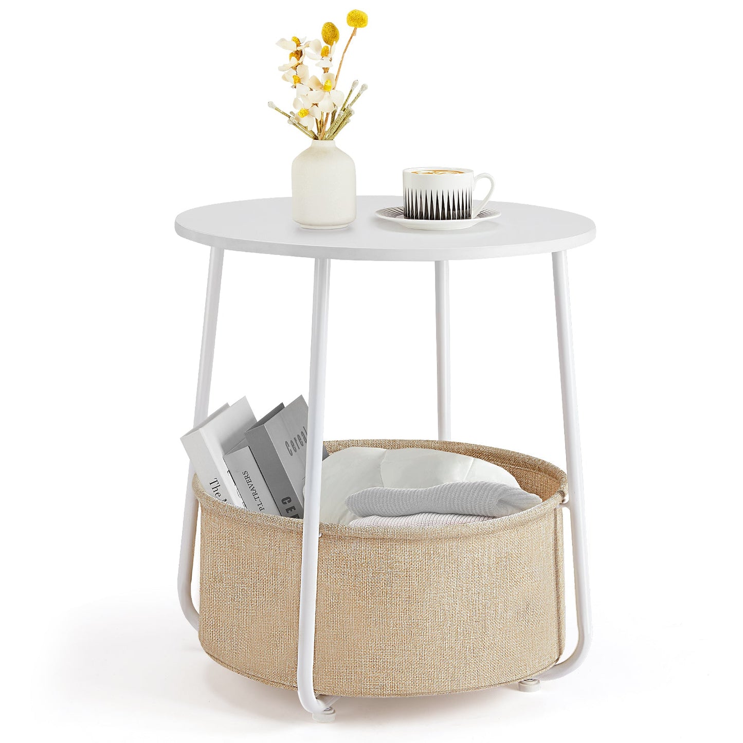 Small Round Side End Table for Living Room, Modern Nightstand Bedside Table with Fabric Basket for Bedroom Nursery, Side Table with Steel Frame - White& Beige SolidRoot Buy Furniture USA
