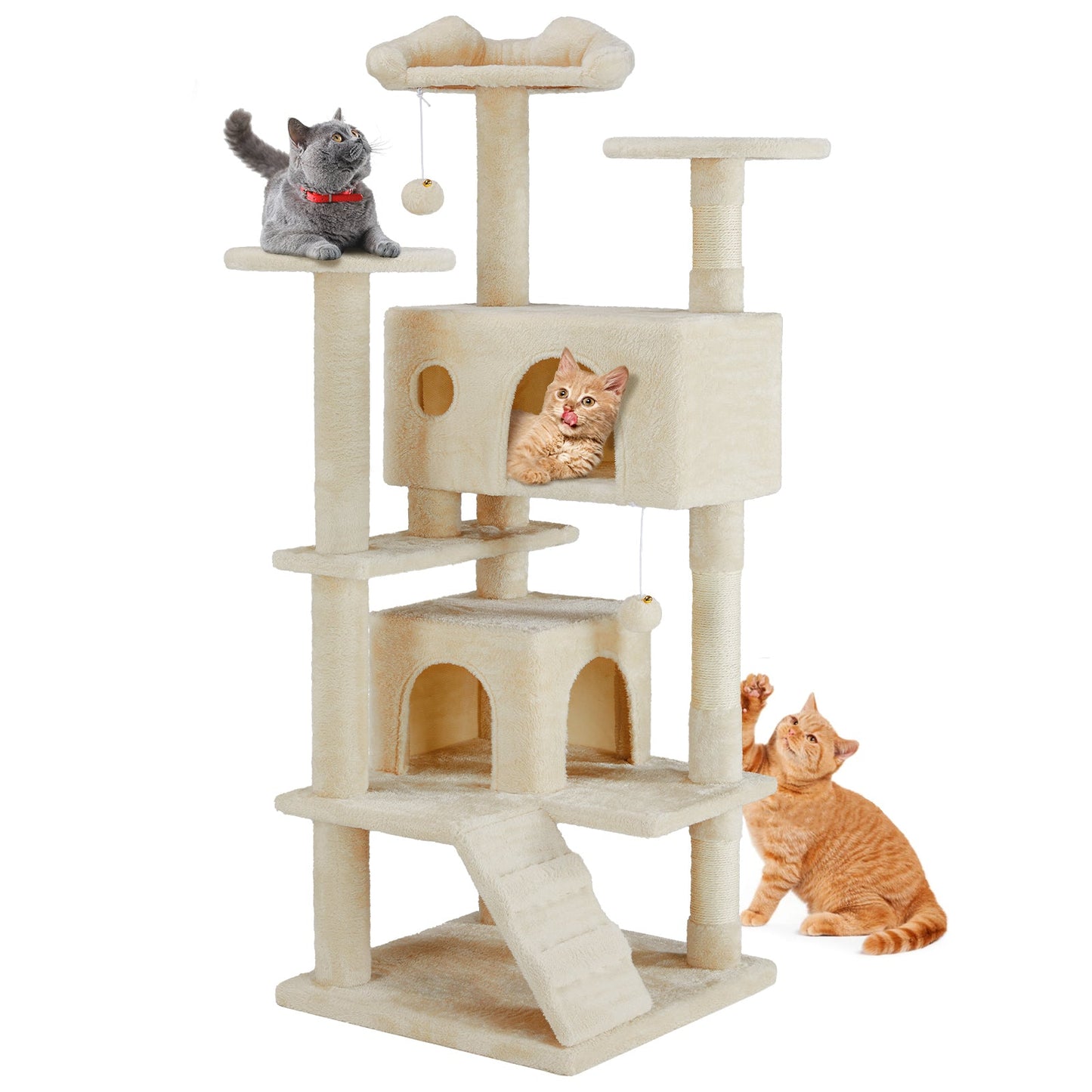 54in Cat tree, indoor cat high-rise multi-story tower, pet playroom with large apartment, beige SolidRoot Buy Furniture USA