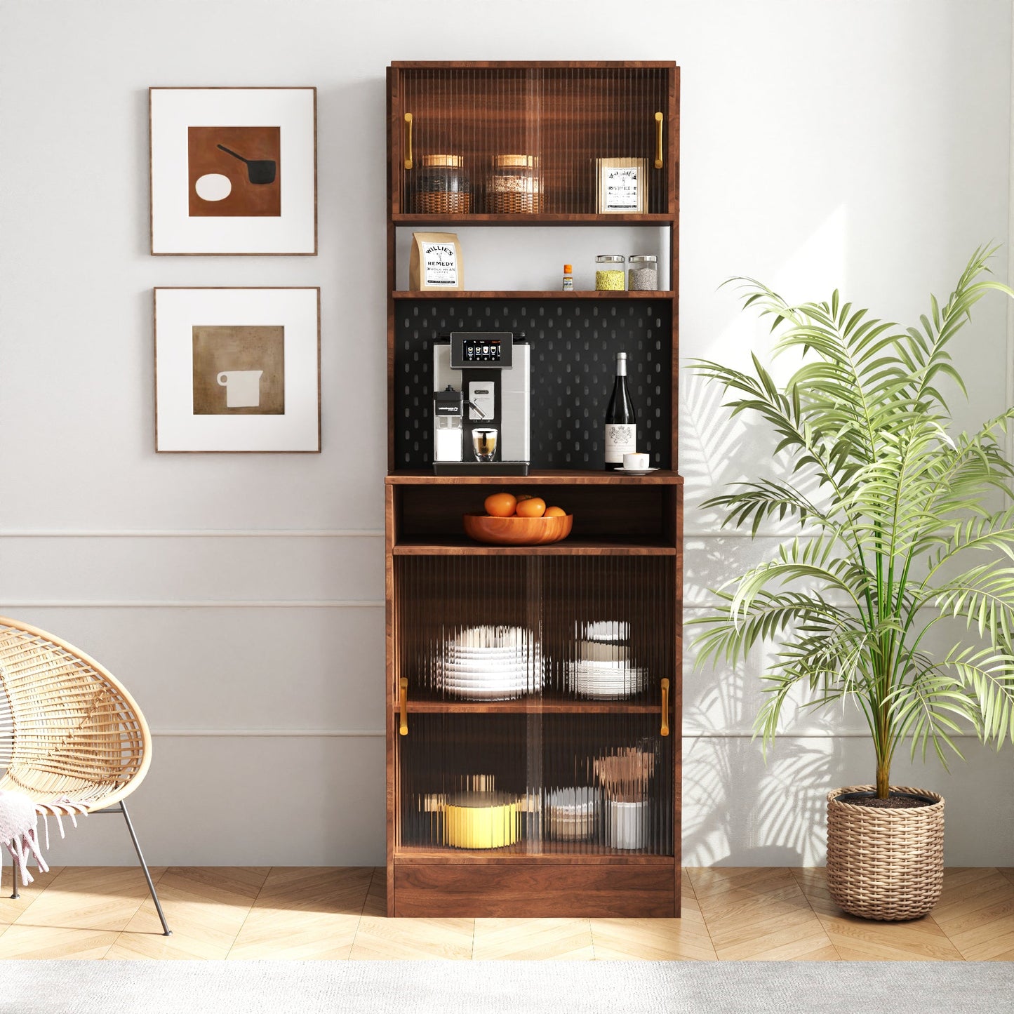 Kitchen Pantry Sideboard with 2 Sliding Striped Glass Doors, Freestanding Countertop Storage Cabinet for Bottles, Wine, Coffee machine, Microwave oven, and so on SolidRoot Buy Furniture USA