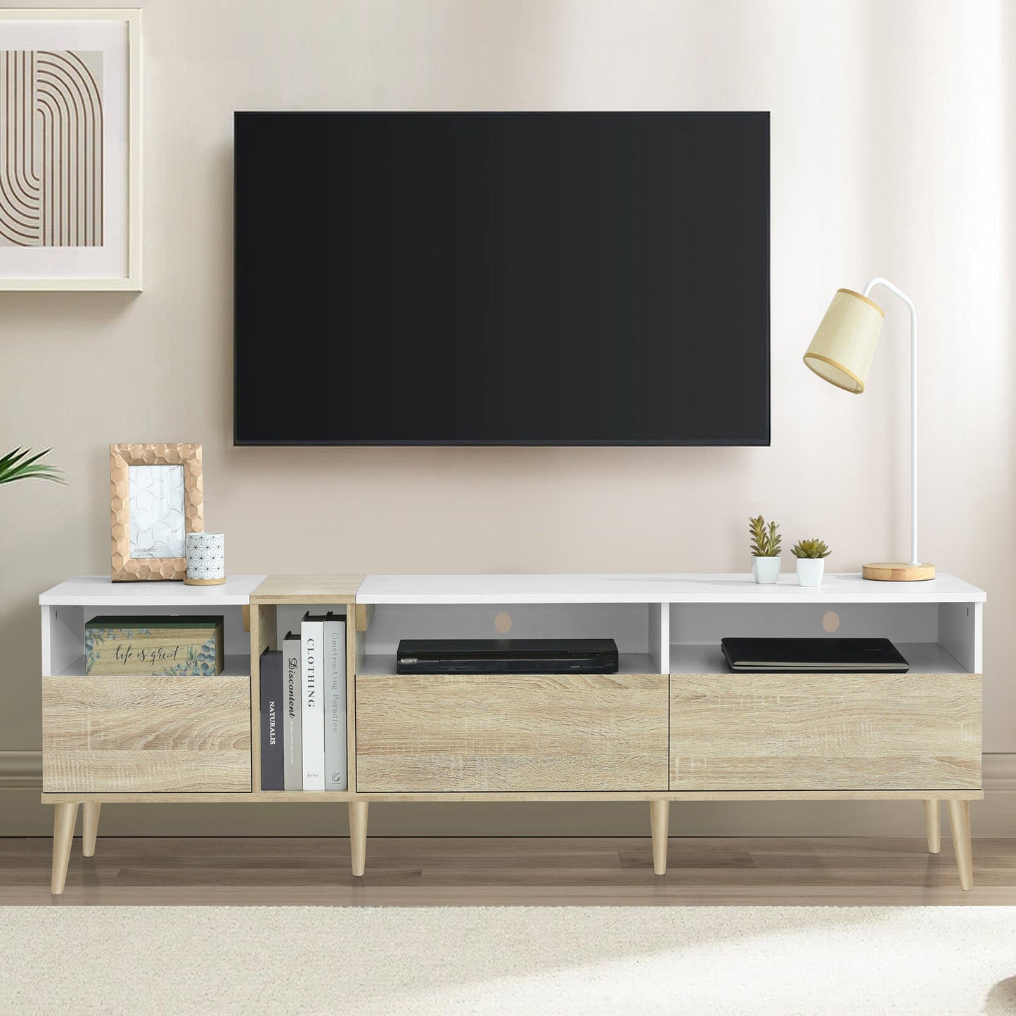 Modern TV with 3 Drawers and Open Shelves, Media Console Table for TVs up to 80'', Entertainment Center for Living Room, Color-Matching Design SolidRoot Buy Furniture USA