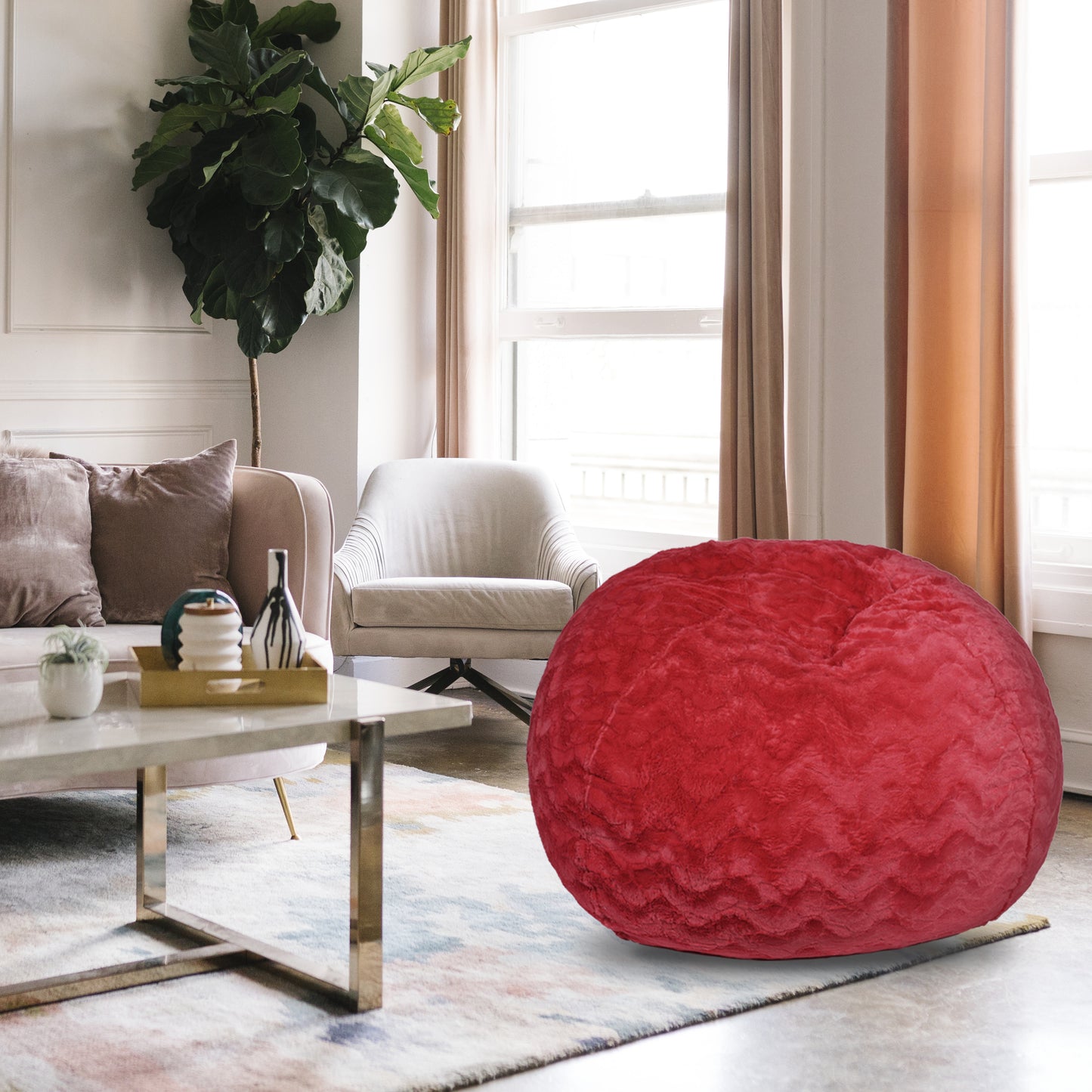 Faux Fur Bean Bag Chair, Red-4ft Cozy and Stretchable Fabric Lounger for Children and Adults with Easy-Clean Cover, Comfortable Faux Fur Seating for Bedrooms, Filled with Shredded and Memory Foam. SolidRoot Buy Furniture USA