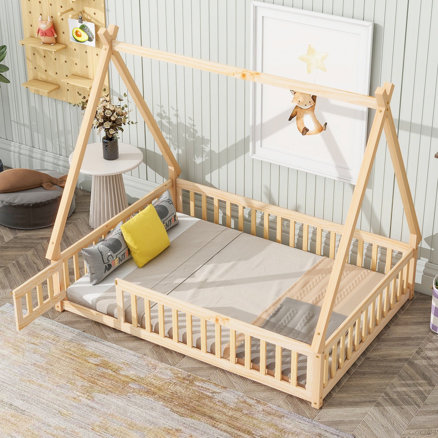 Full Tent-shaped Floor Bed, with Guardrails, Slats, Door ,Natural SolidRoot Buy Furniture USA