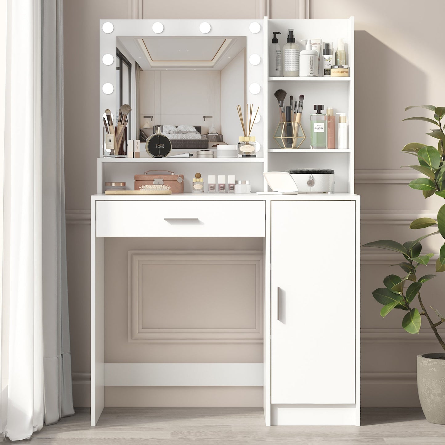 Vanity Desk with Mirror & Light, Large Drawer Three Level Storage Dresser, 3 Lighting Modes Adjustable Brightness, Bedroom Dressing Table(white) SolidRoot Buy Furniture USA