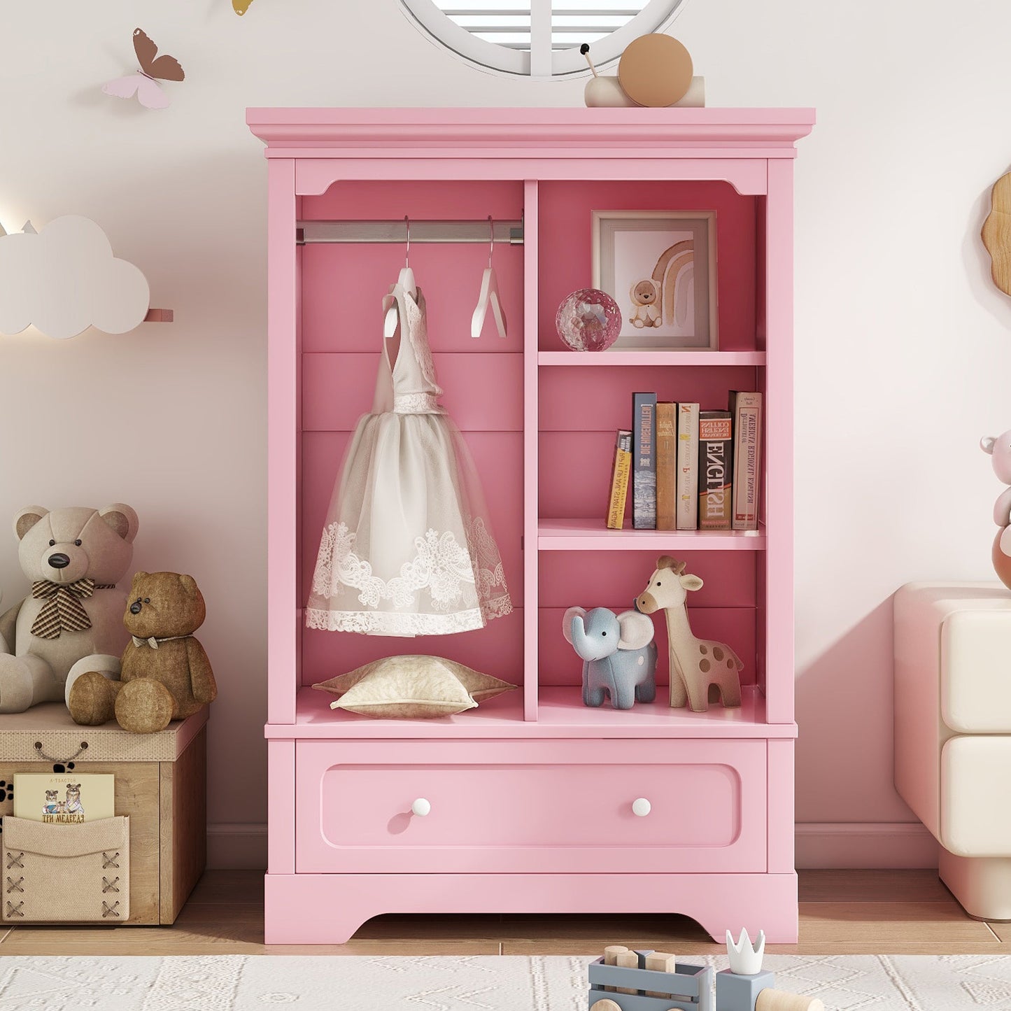 Open children's wardrobe with a hanging rod and open shelves, one large drawer, low design close to the ground for easy access,Pink. SolidRoot Buy Furniture USA