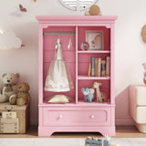Open children's wardrobe with a hanging rod and open shelves, one large drawer, low design close to the ground for easy access,Pink. SolidRoot Buy Furniture USA