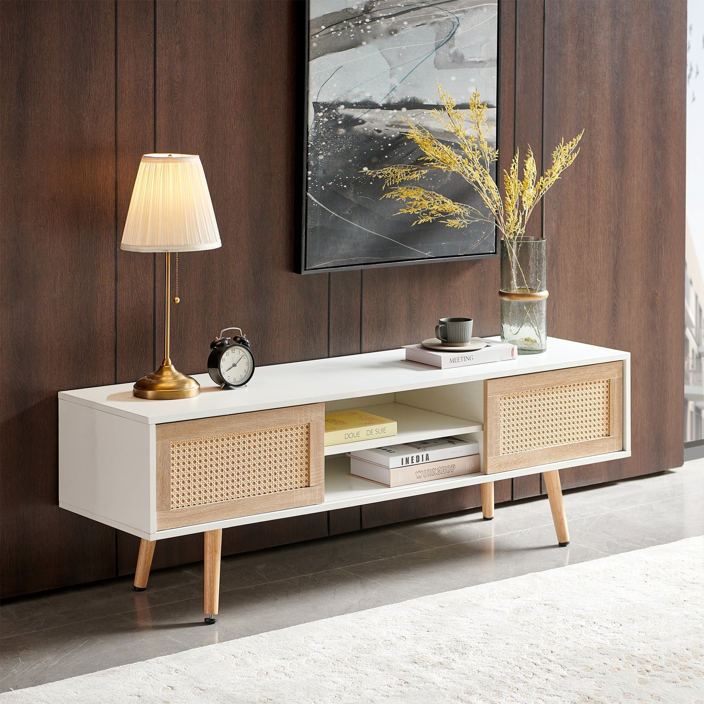 55.12' Rattan TV cabinet, double sliding doors for storage, adjustable shelf, solid wood legs, TV console for living room , White