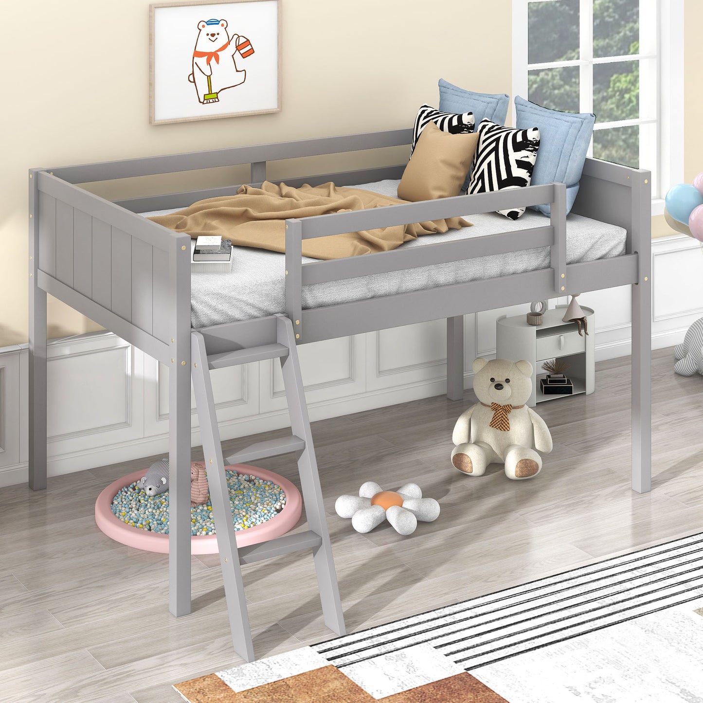 Twin Size Wood Low Loft Bed with Ladder, ladder can be placed on the left or right, Gray - SolidRoot Buy Furniture USA