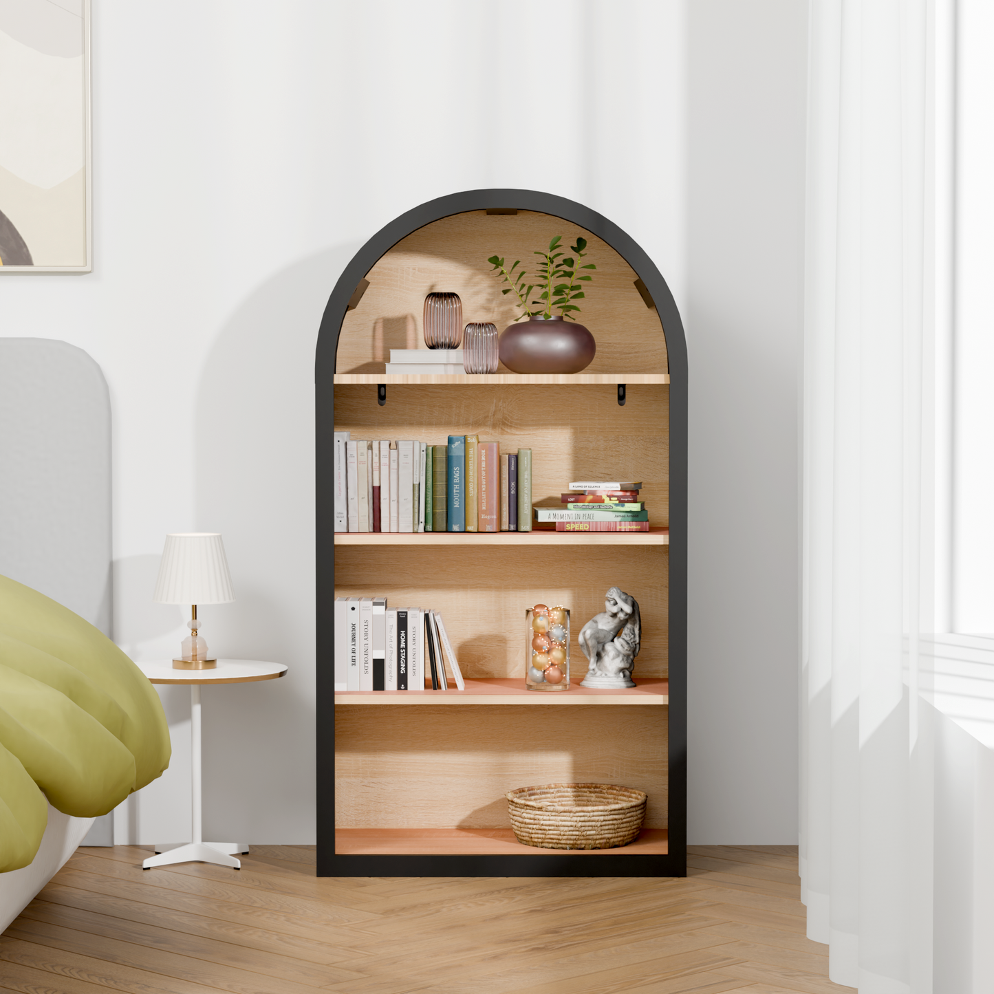 4-Tier Black Arched Bookshelf, 43' Tall Arched Bookcase with Storage Shelves SolidRoot Buy Furniture USA